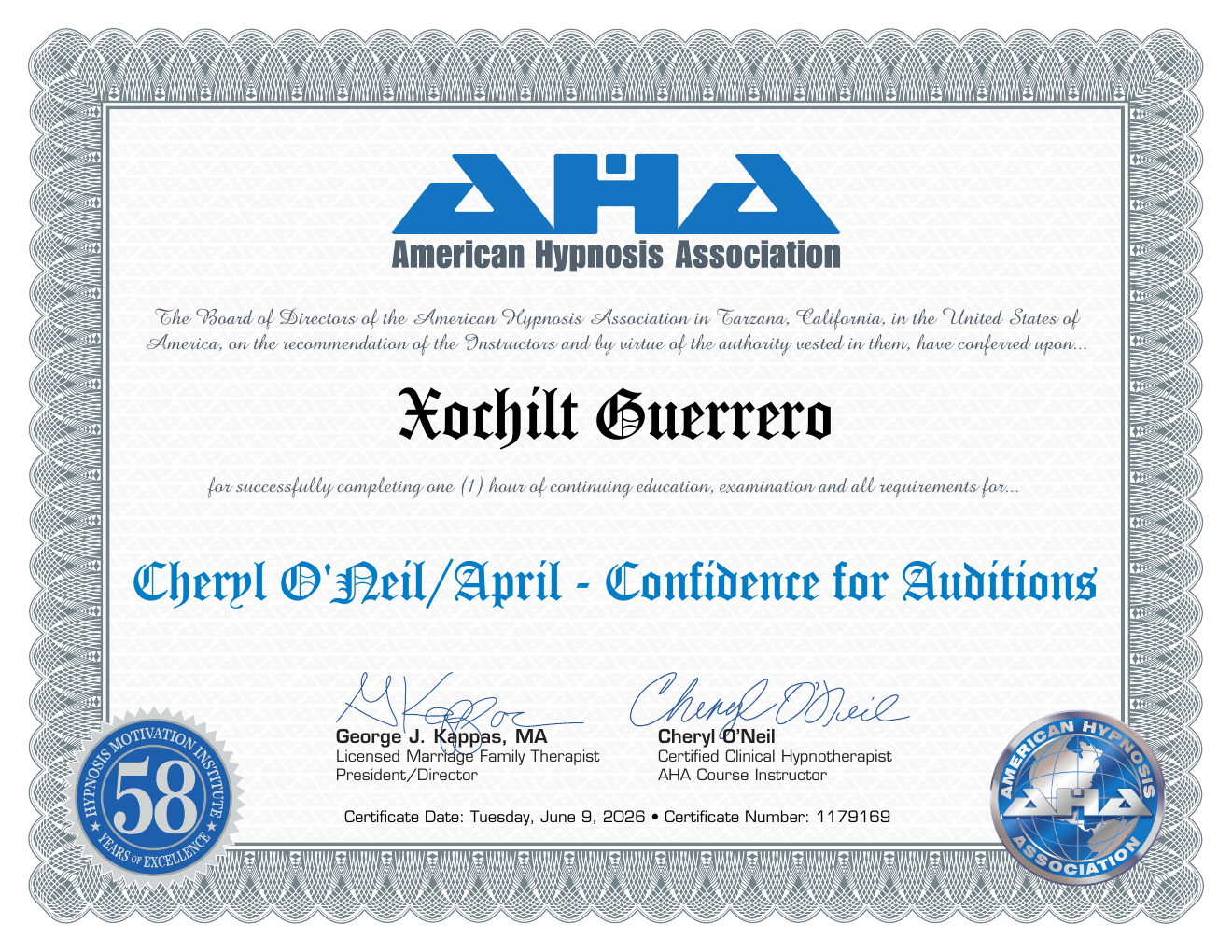 Certificate: Confidence for Auditions — Xochilt Guerrero
