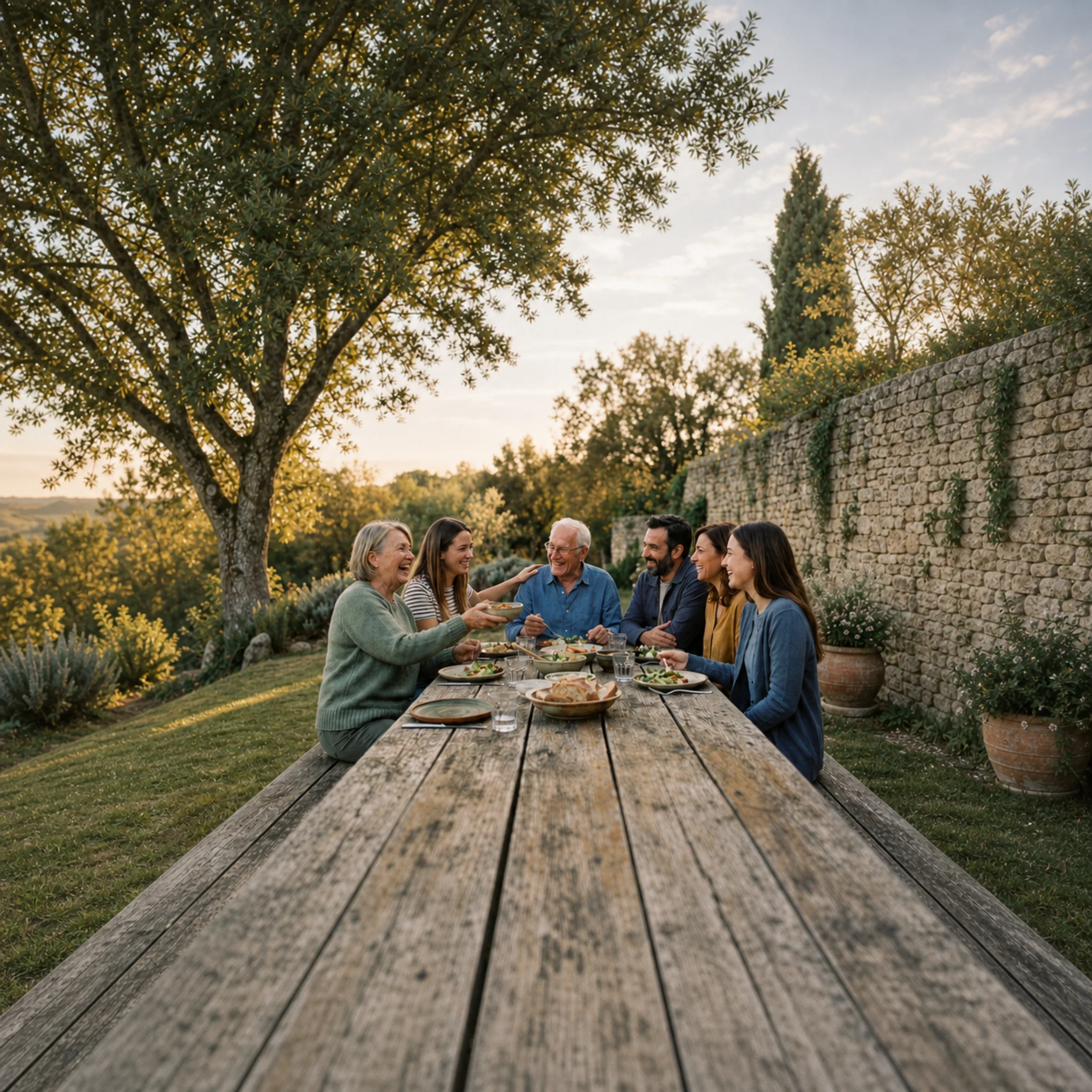 Three generations laughing together over a shared meal at a long table outdoors