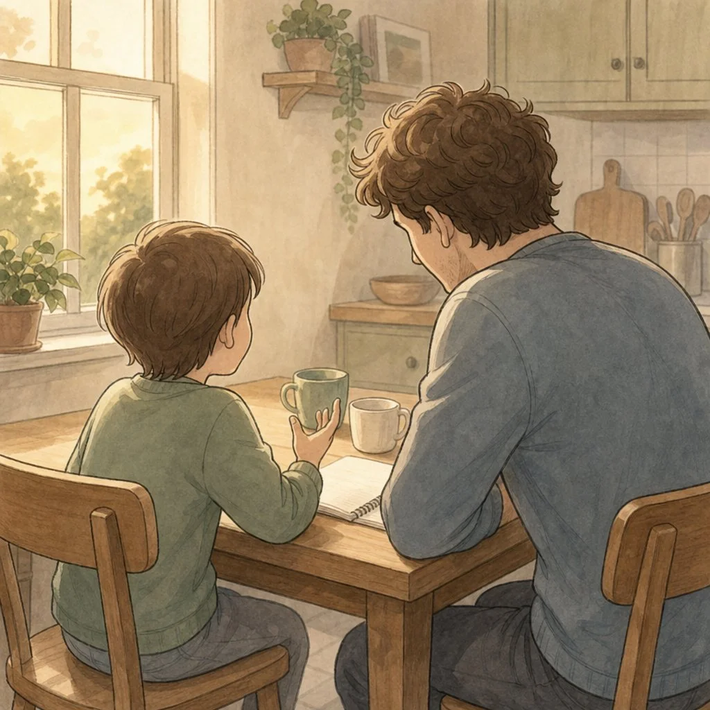 A father and his young child sitting together at a kitchen table, talking
