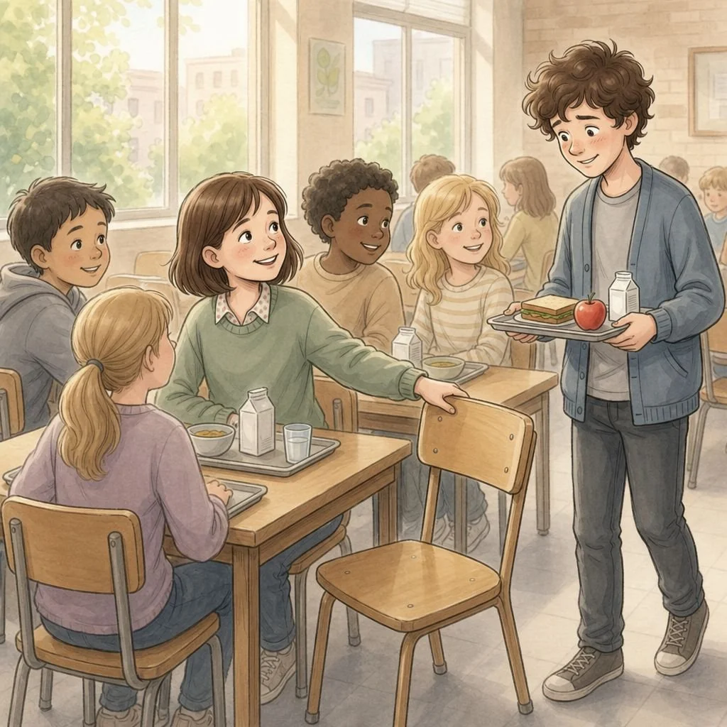 Children at a school lunch table pulling out a chair to make room for a classmate arriving with a tray