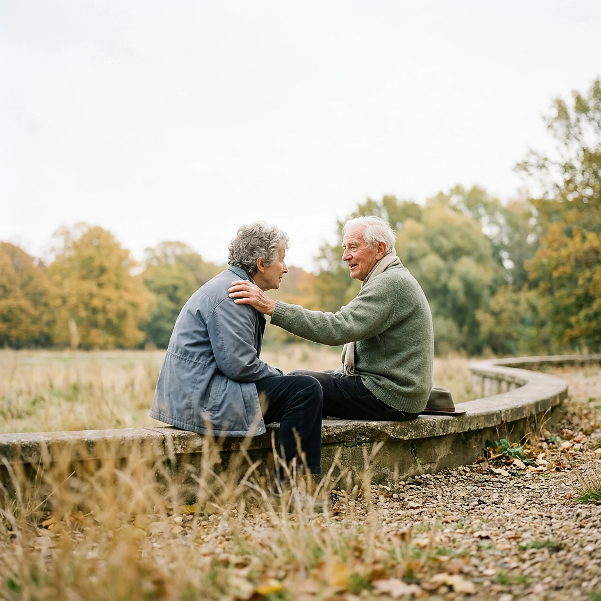 Two people sitting together outdoors, one listening with a hand resting on the other's shoulder