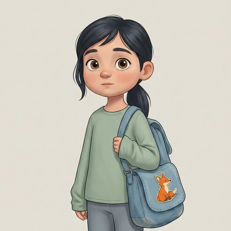 Maya, in a sage green top, with her denim backpack and its orange fox patch