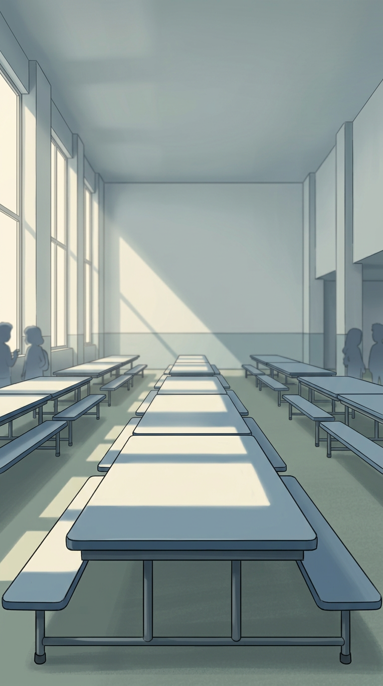 The school cafeteria from The Lunch Table, long empty tables in morning light