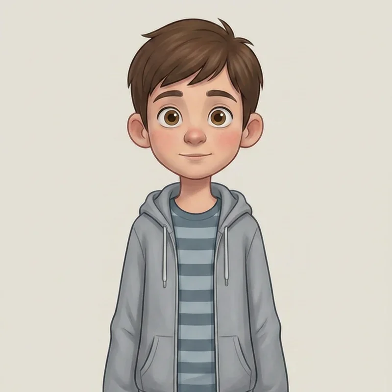 Jake, in a gray hoodie over a striped tee