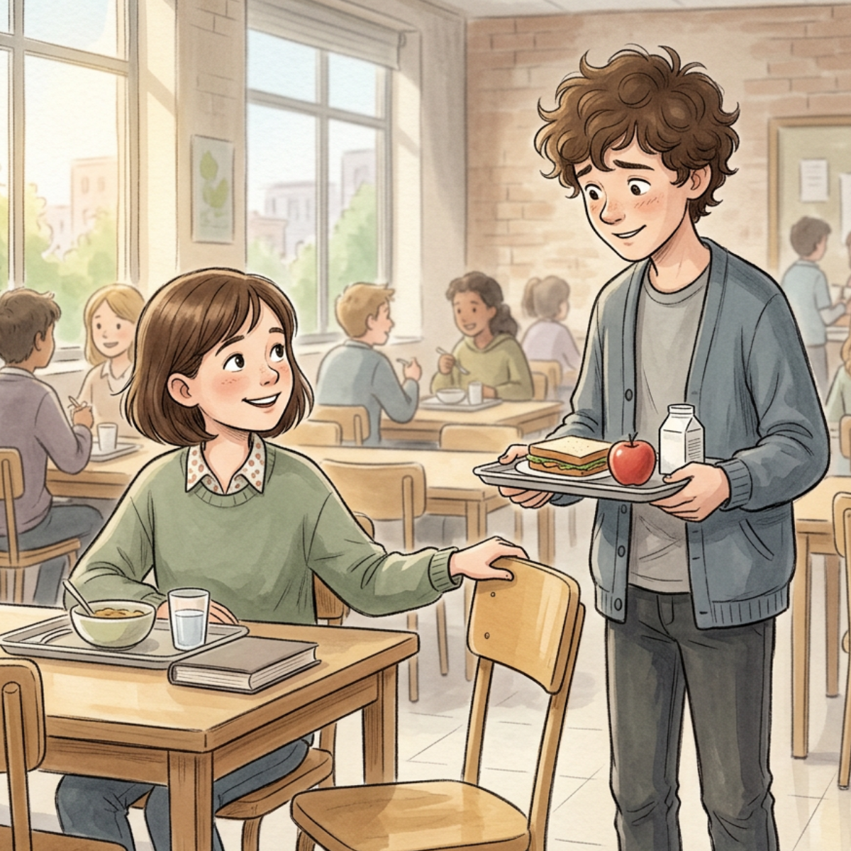 Someone in a cafeteria pulling out the chair beside them to invite a classmate to sit down