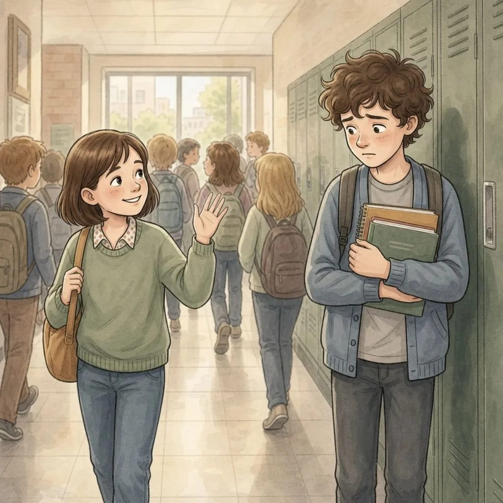 A busy school hallway where a girl pauses to wave at a boy standing alone by the lockers