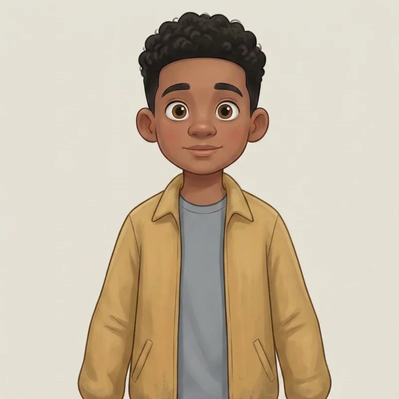 Sam, in a golden jacket over a gray tee