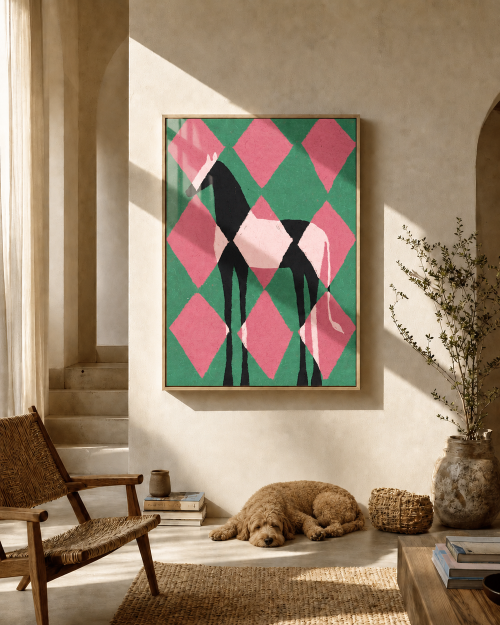 A colourful horse artwork in a sunlit room with a sleeping dog