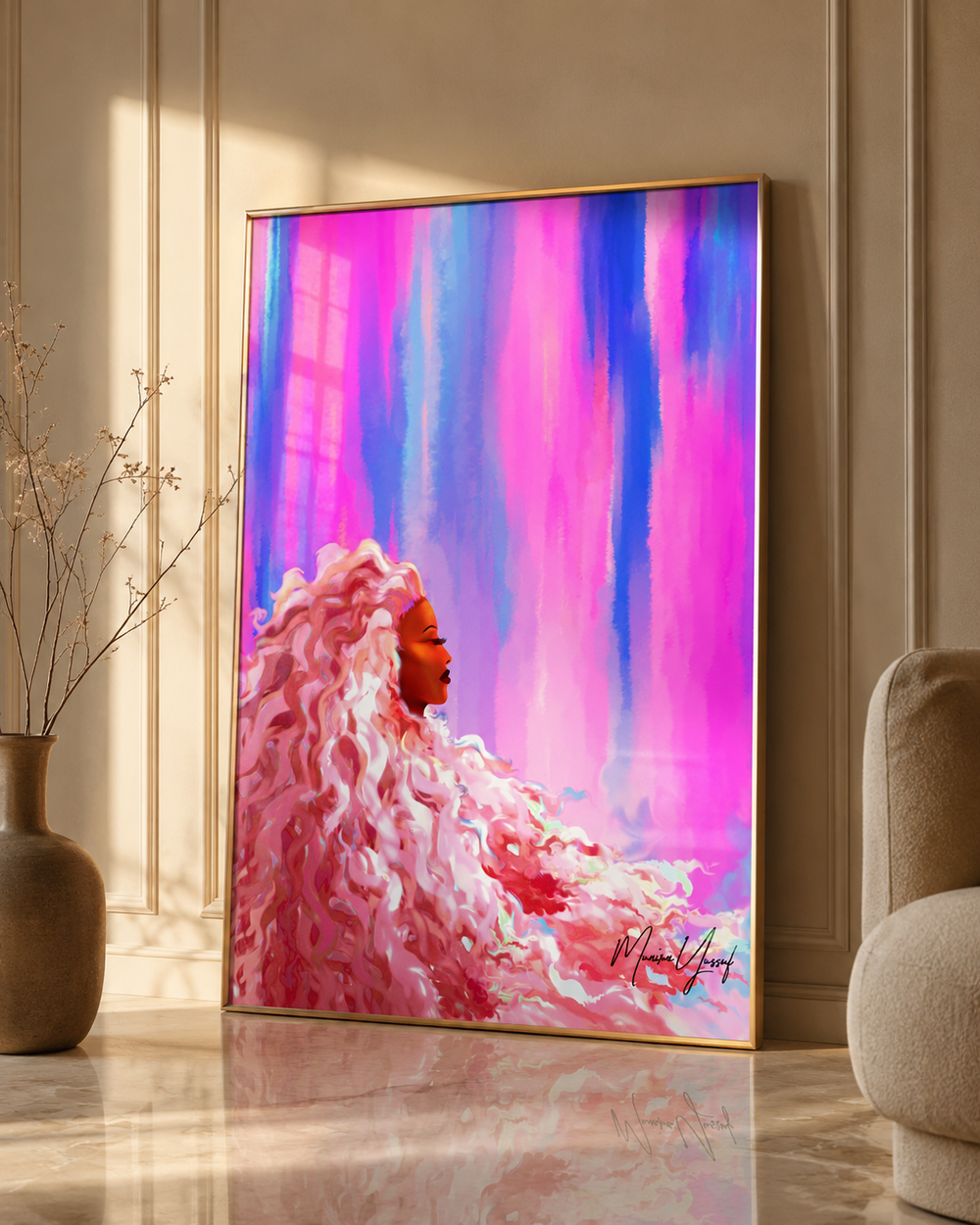 A vivid pink figurative artwork in a quiet interior
