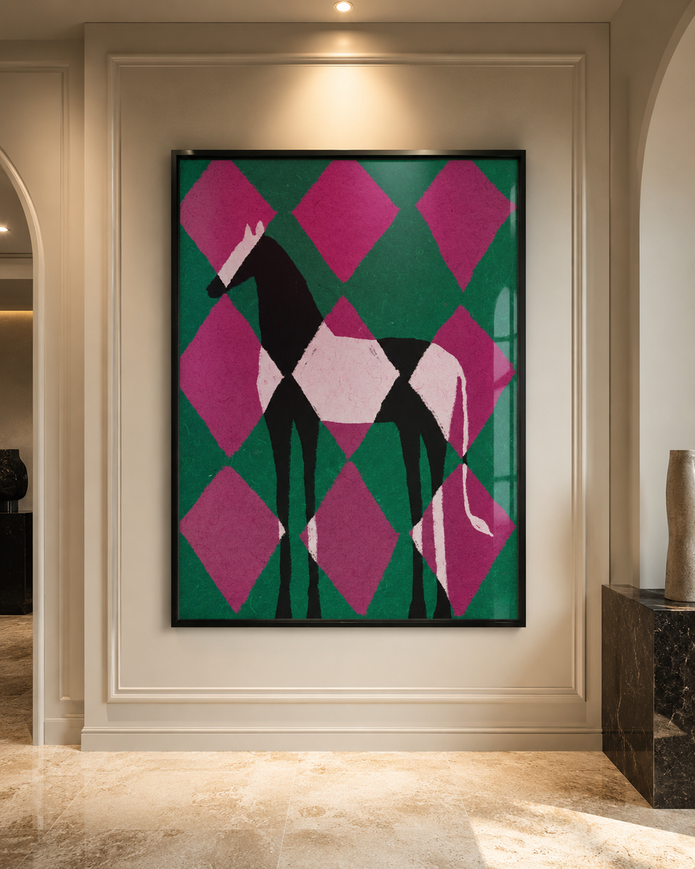 A vivid horse artwork displayed in a classical interior