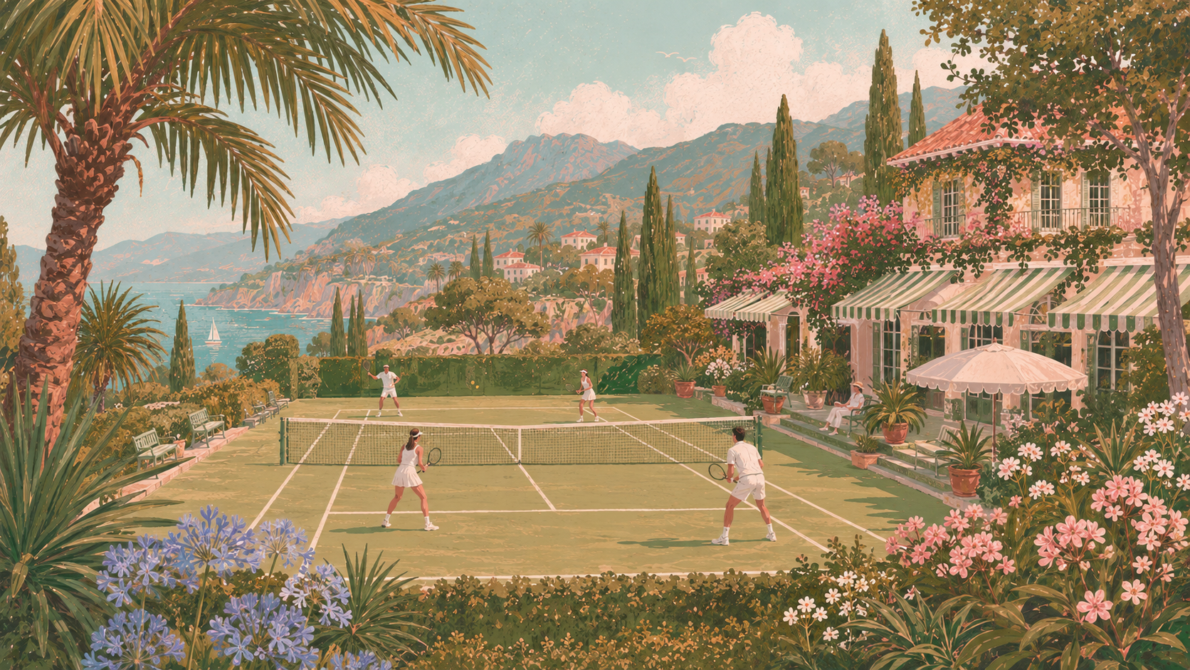 Sunlit illustrated Maison Gatta scene