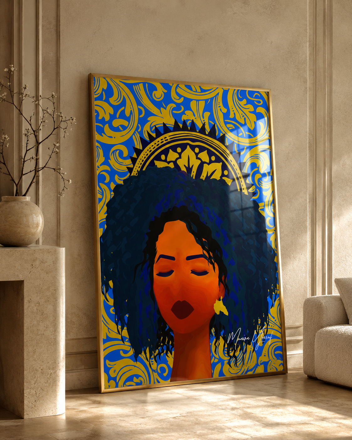Portrait print in a Mediterranean interior