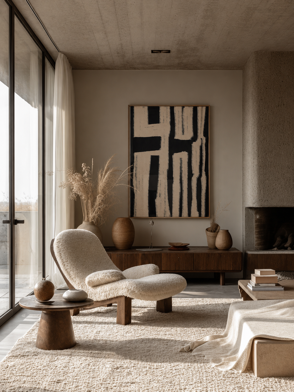 A linear black artwork in a warm modern living room