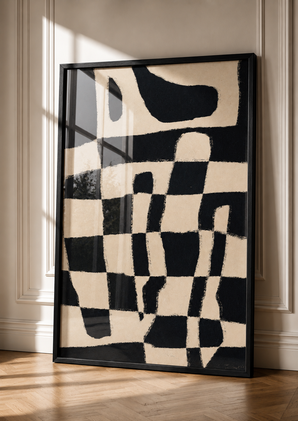 Close view of a black and ivory checkerboard artwork