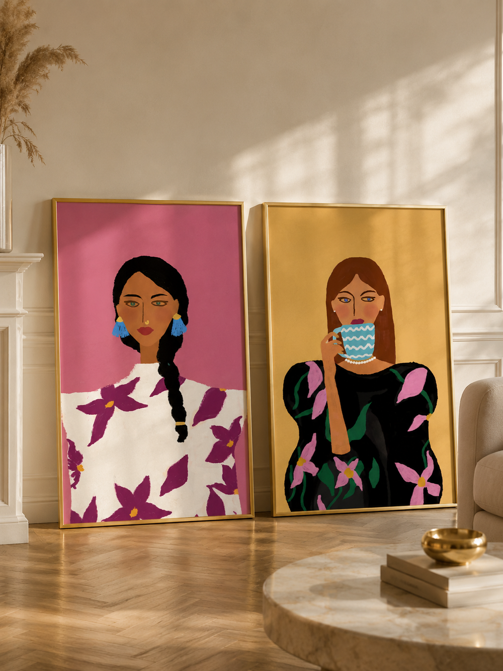 Two expressive portrait artworks in a warm interior