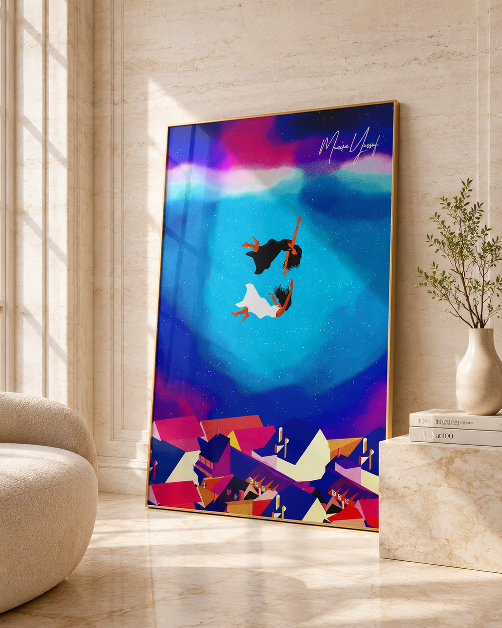 A blue dreamscape artwork titled Falling