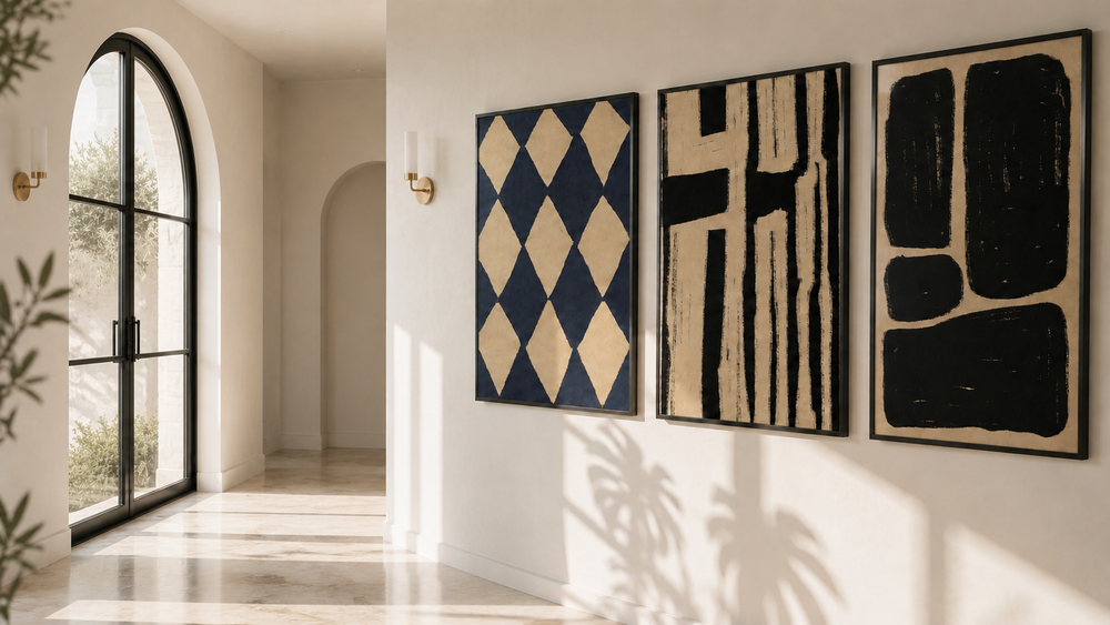 Three artworks arranged in a bright arched hallway