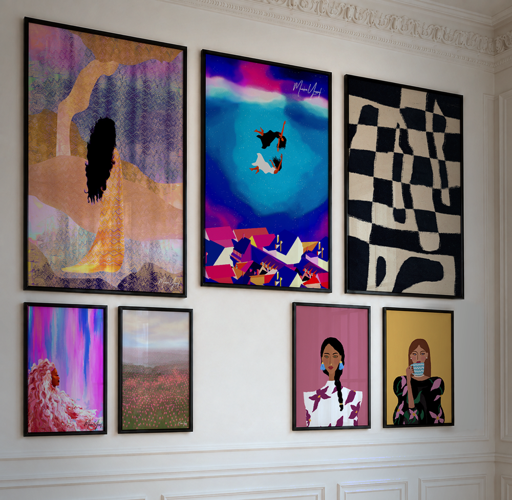 A gallery wall showing the breadth of Munira Yussuf's artwork