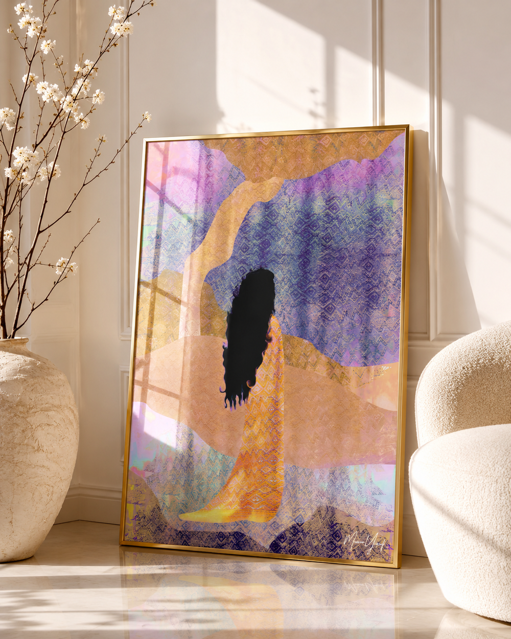 A layered portrait artwork by Munira Yussuf in a sunlit interior