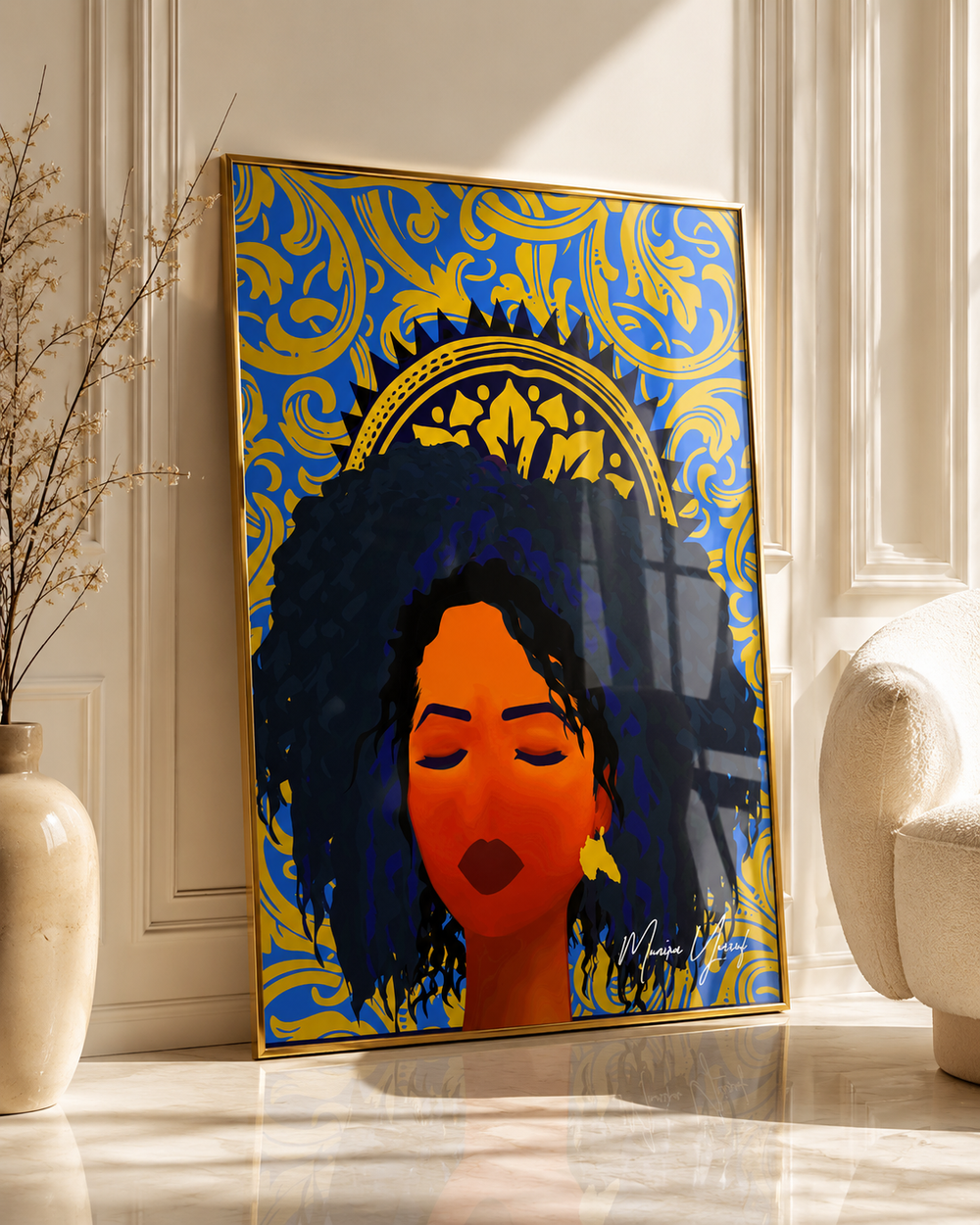 Decorative blue and gold portrait artwork