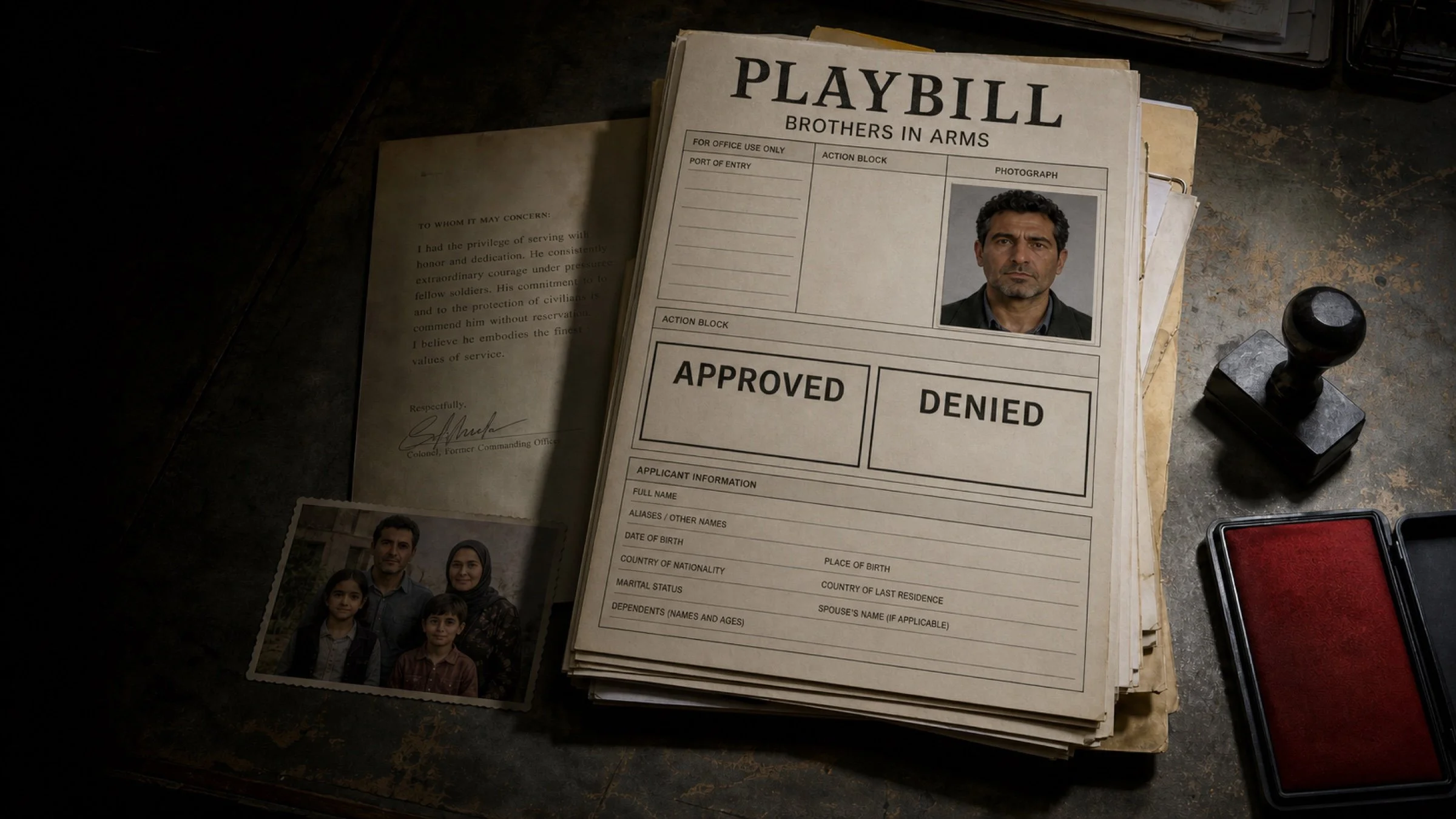 A fictional refugee case file with an Iraqi applicant's portrait, family photograph, military commendation, and blank approved and denied boxes