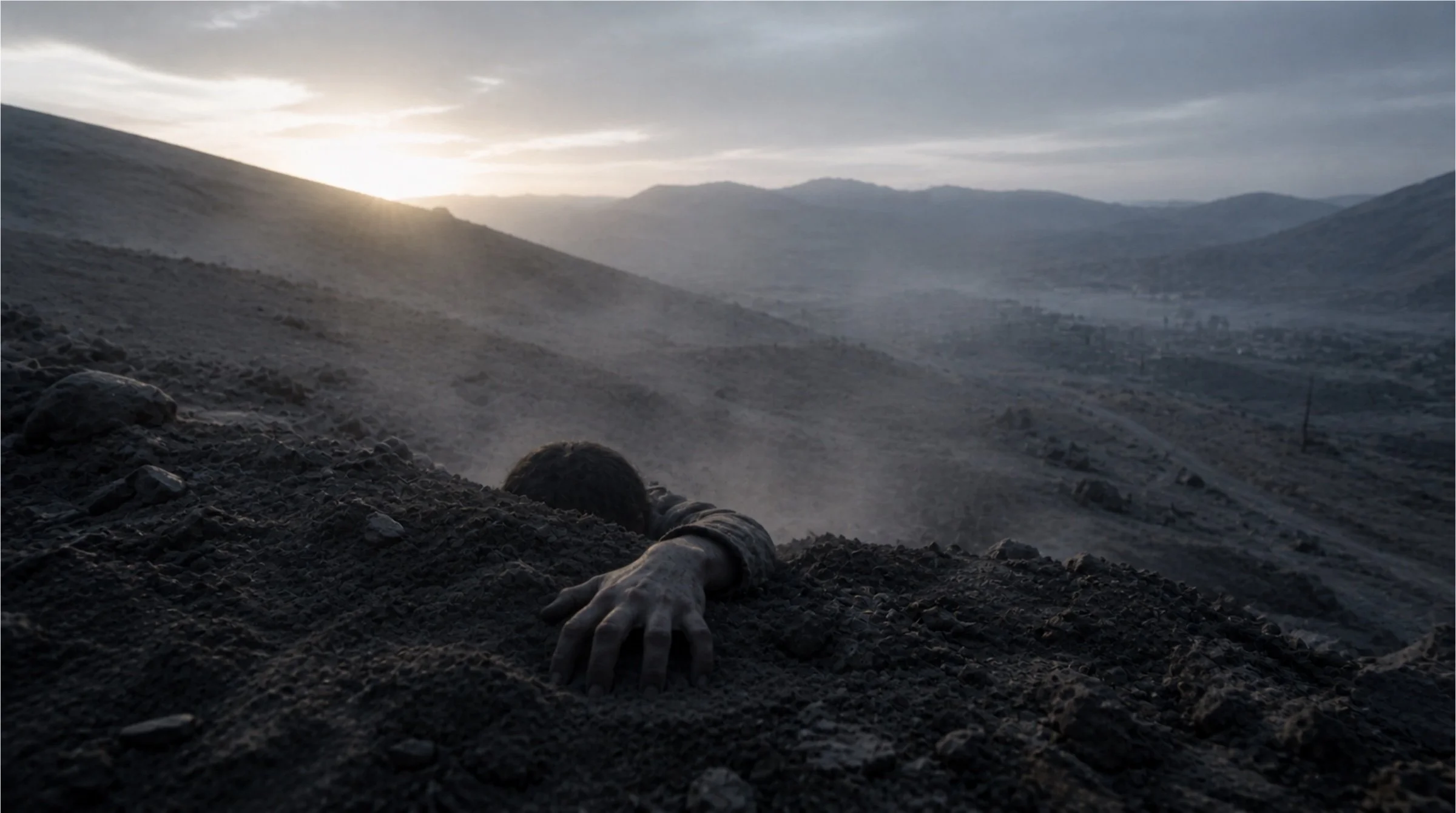 A lone survivor reaching out from the earth in a mountainous Afghan landscape at dawn