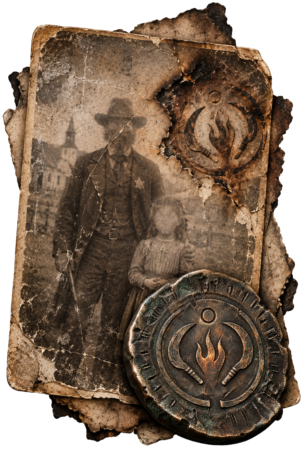 A weathered photograph of a sheriff and young girl with the Blackwood covenant token
