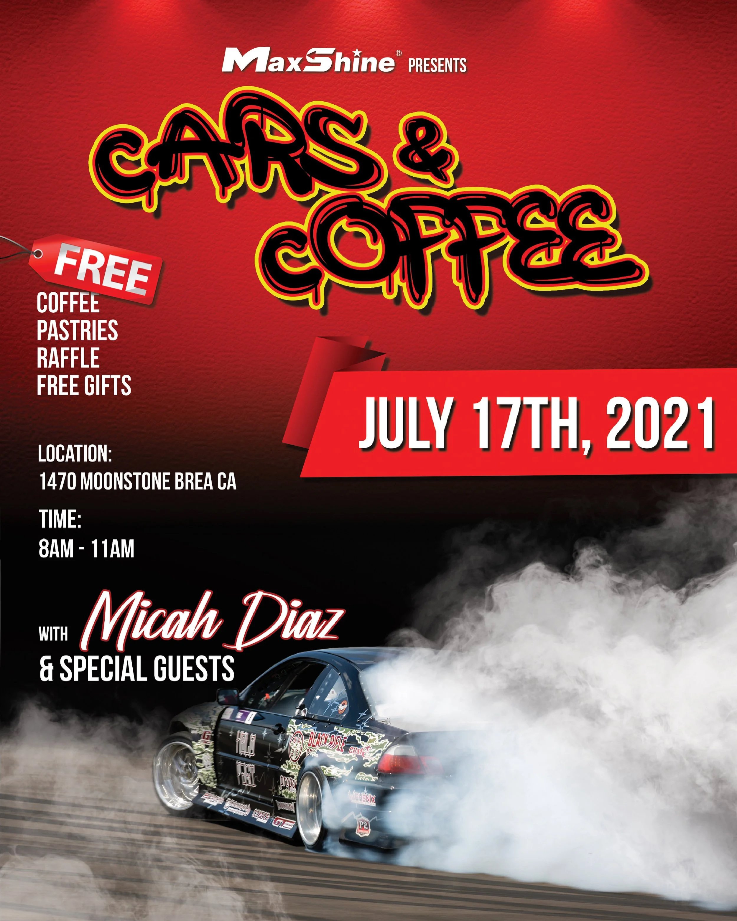 MaxShine Cars and Coffee event poster featuring Micah Diaz