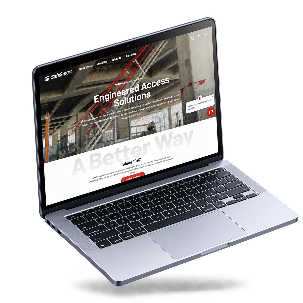 SafeSmart retail website displayed on a floating laptop