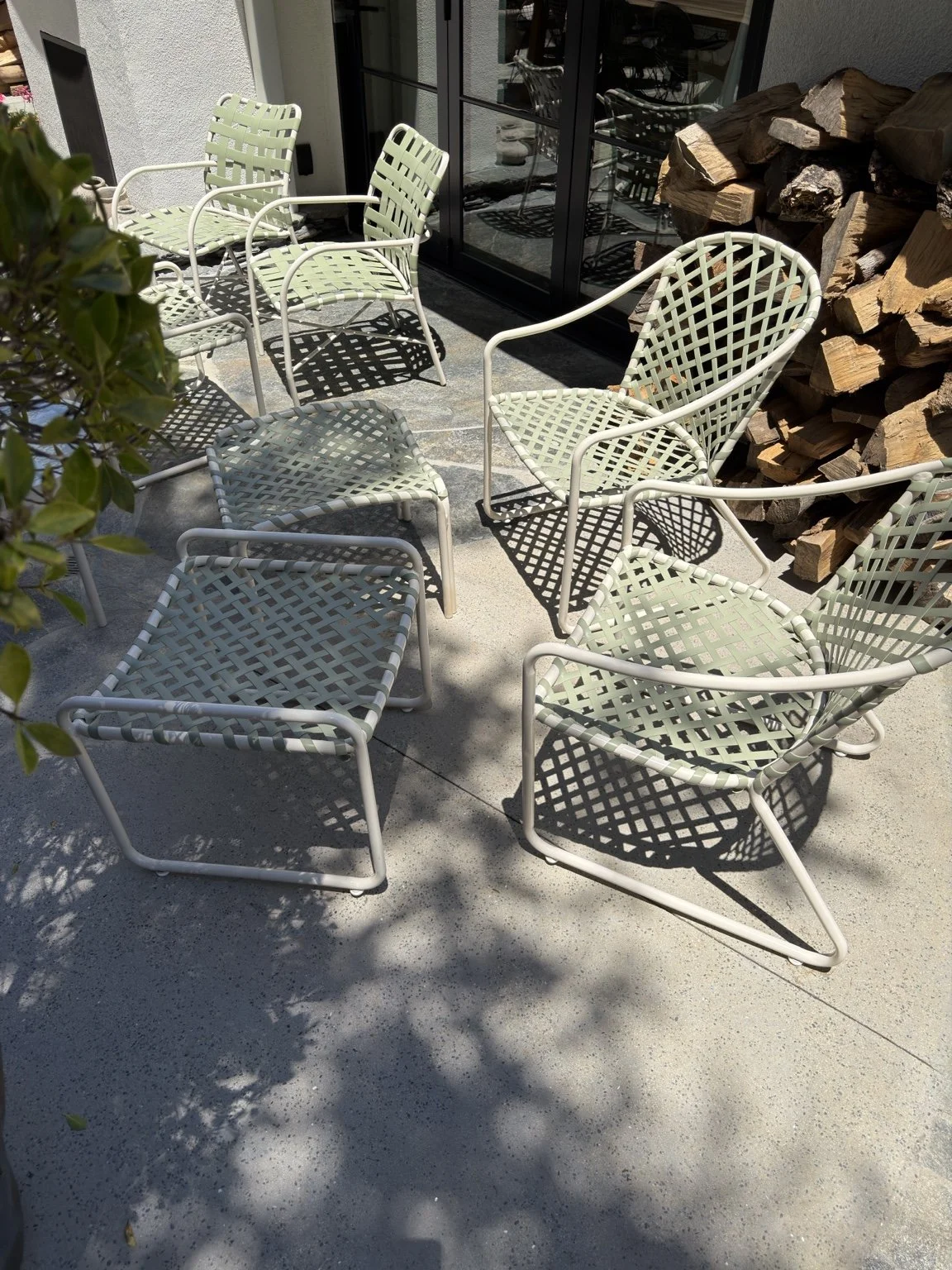 Pale green cross strap patio chairs and ottomans restored as a coordinated set