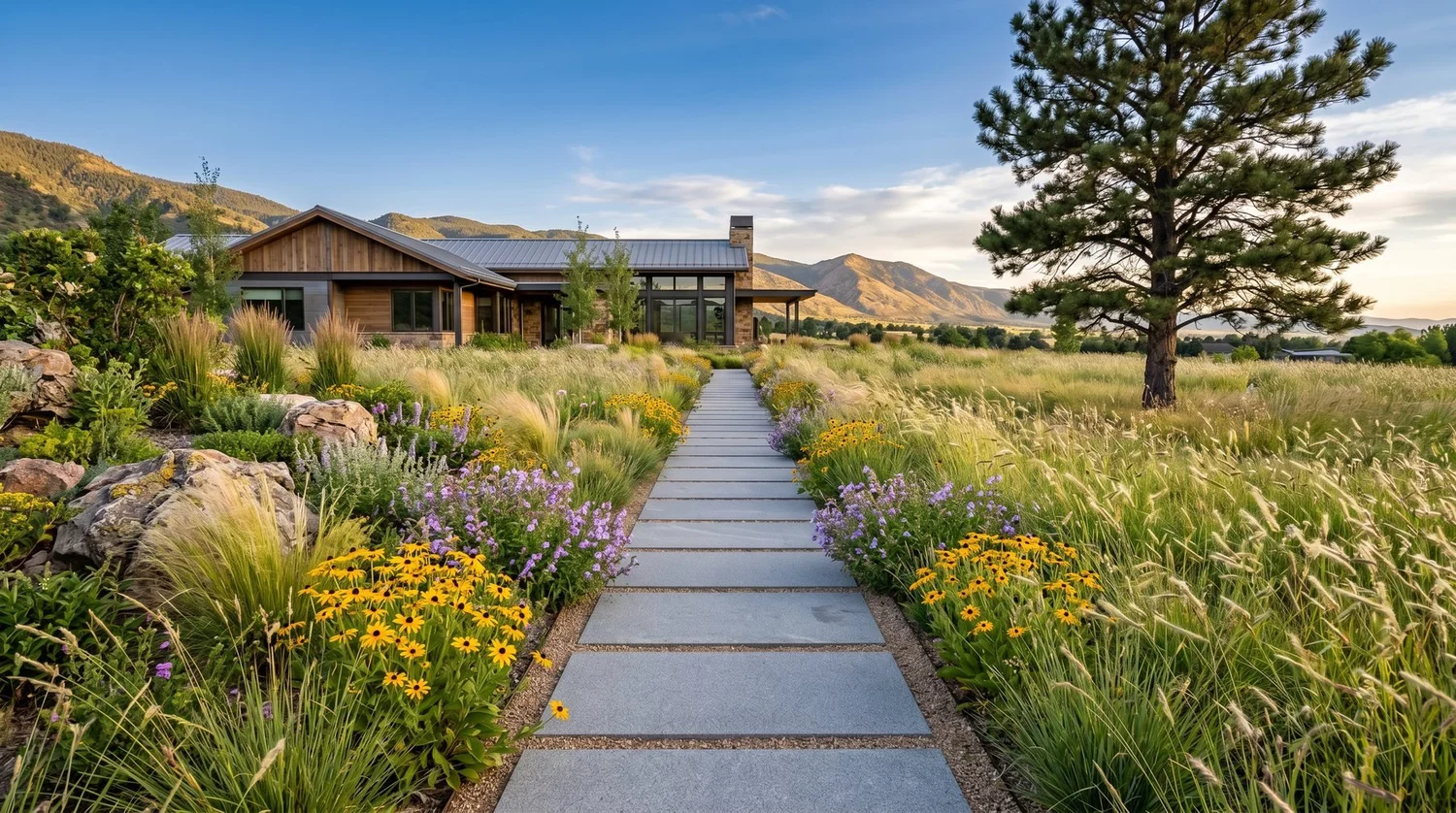 Native grass meadow garden with paver walkway and mountain views in Colorado Springs