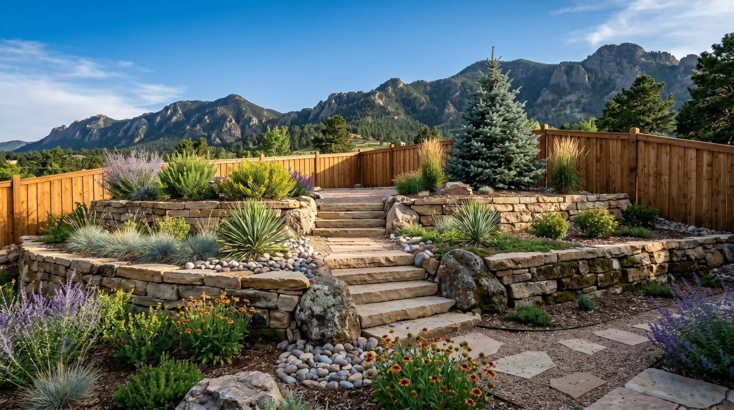 Natural stone retaining walls and steps built on an engineered base in Colorado Springs
