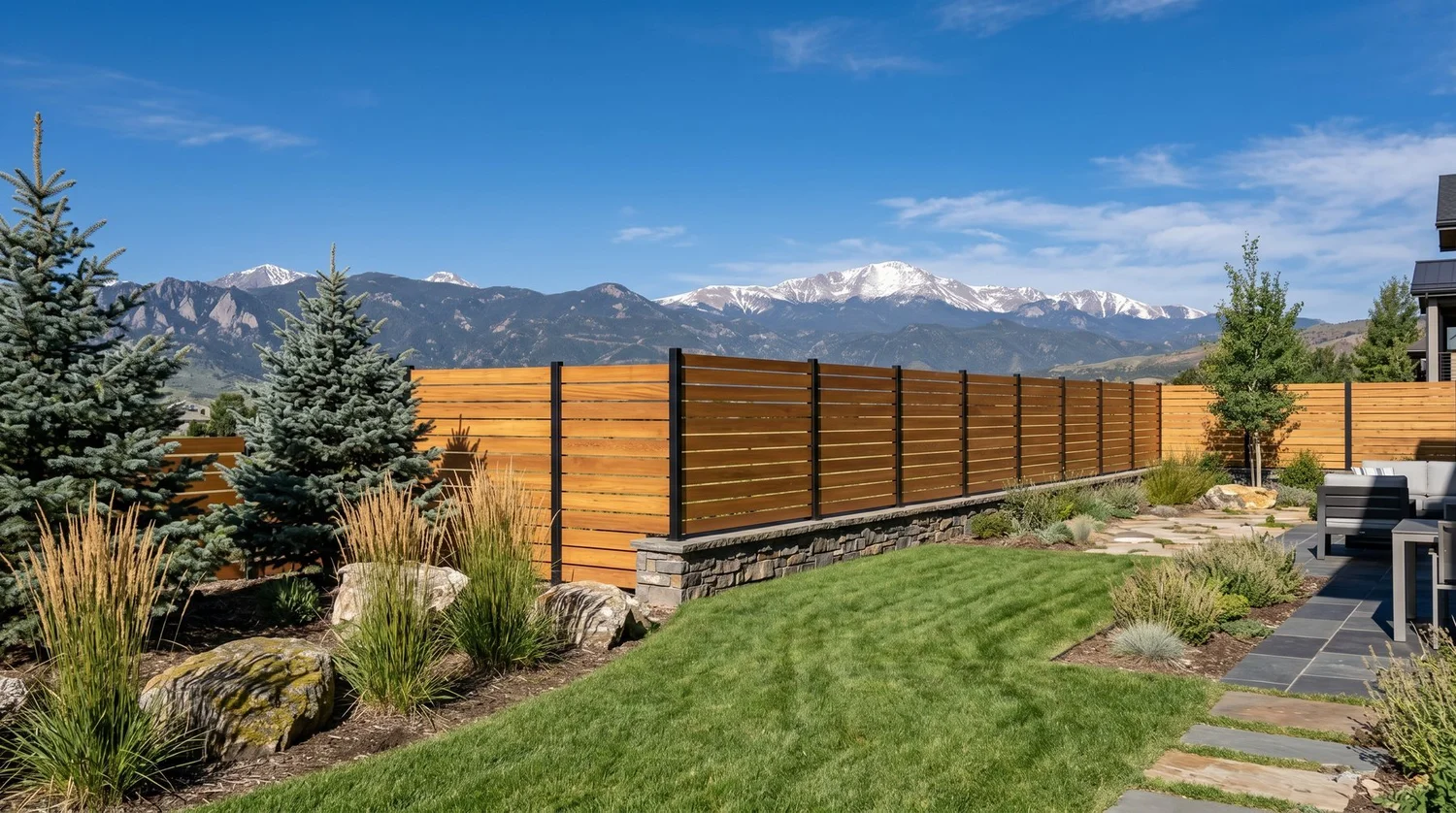 Horizontal cedar privacy fence with plumb posts and mountain views