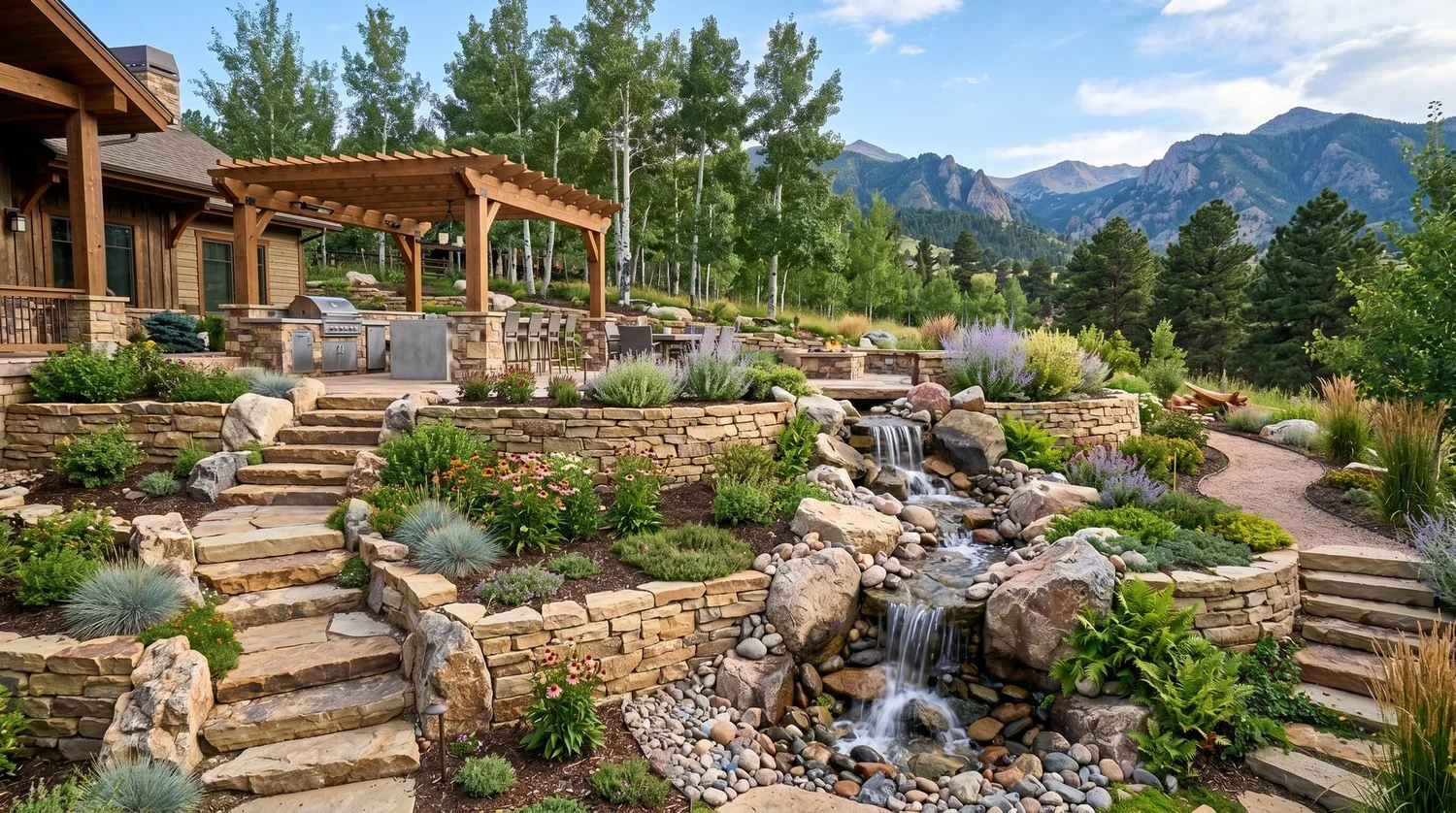 Terraced Colorado backyard with engineered stone retaining walls and a pondless waterfall built for freeze-thaw