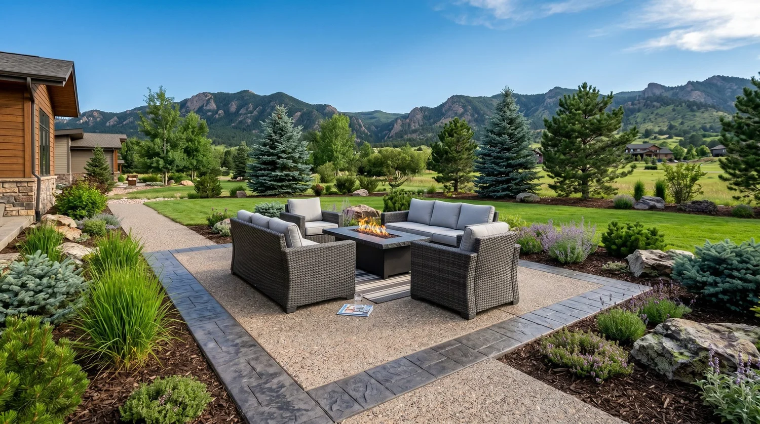Exposed-aggregate concrete patio with a fire table and mountain views