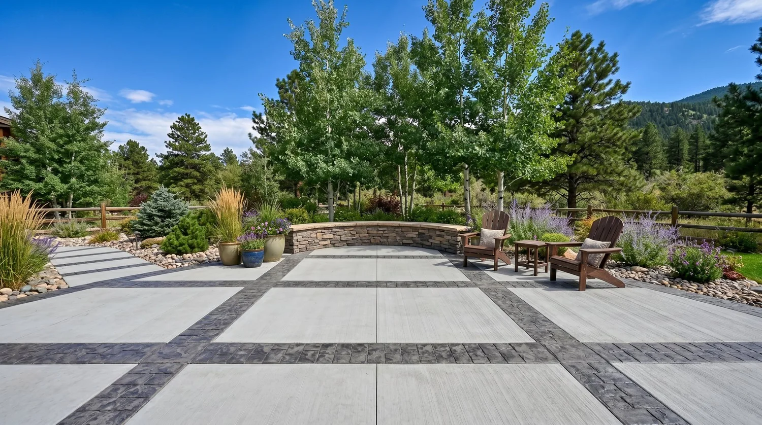 Stamped and broom-finish concrete patio with decorative banding in Colorado Springs