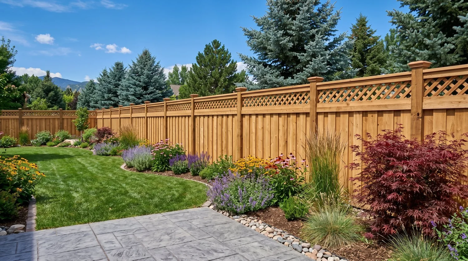 Cedar board-on-board privacy fence with a landscaped flower bed