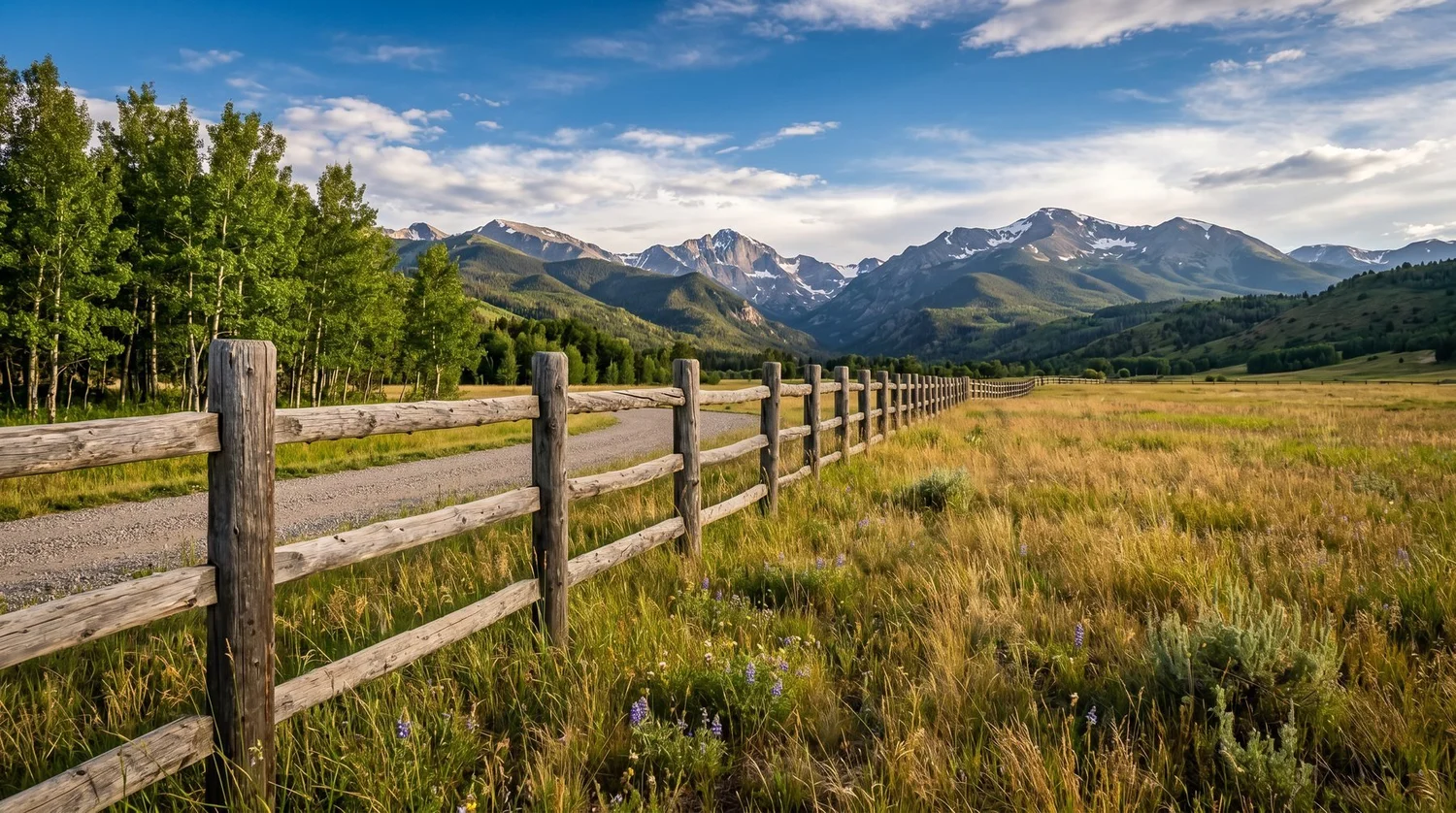 Ranch-style split-rail fence running toward the Front Range mountains