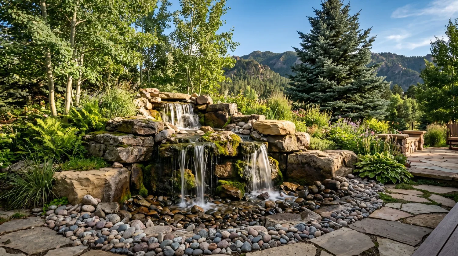 Pondless waterfall water feature with boulders and river rock