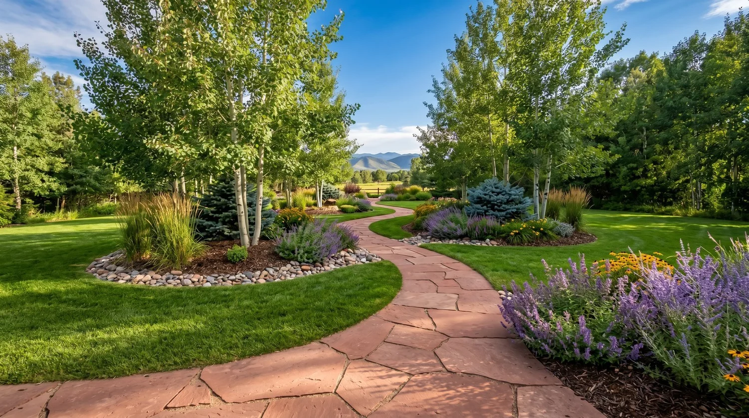 Flagstone walkway winding through a landscaped Colorado yard