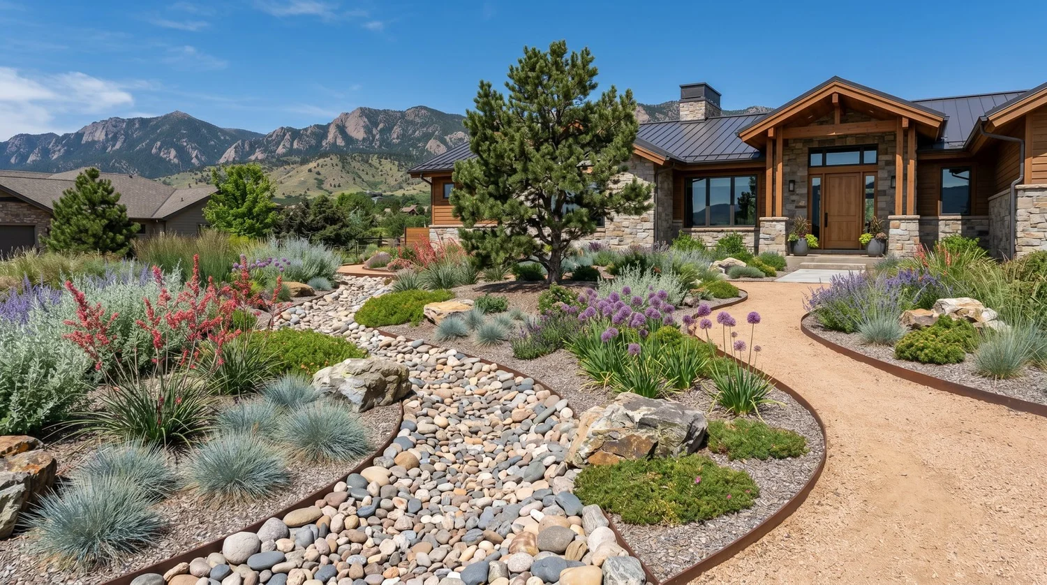 Water-wise xeriscape front yard with dry creek bed and native grasses