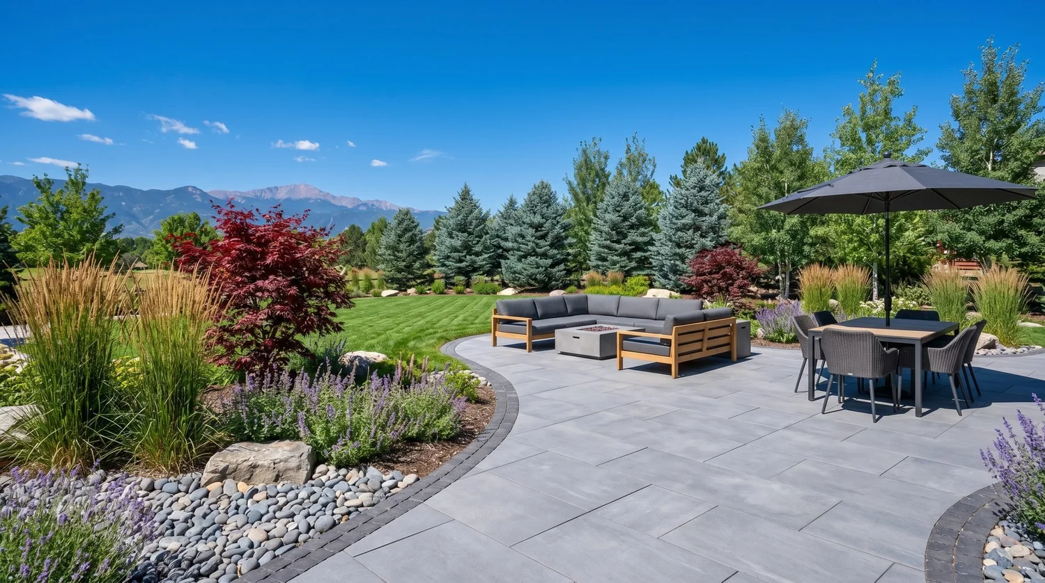 Modern paver patio with a gas fire pit and Pikes Peak views — landscaping and hardscaping in Colorado Springs