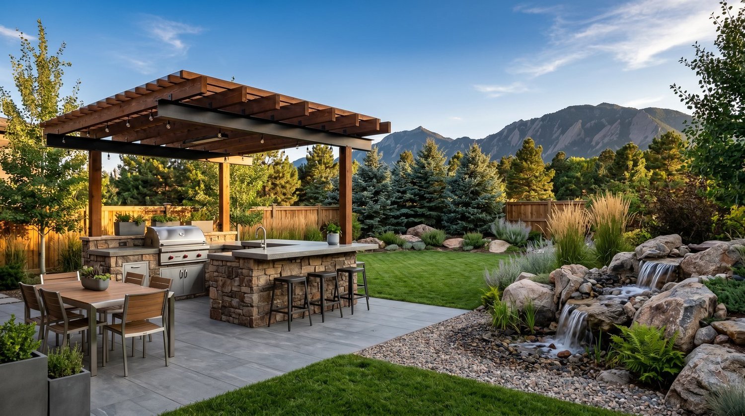 Finished Colorado outdoor living space with a pergola, outdoor kitchen and water feature
