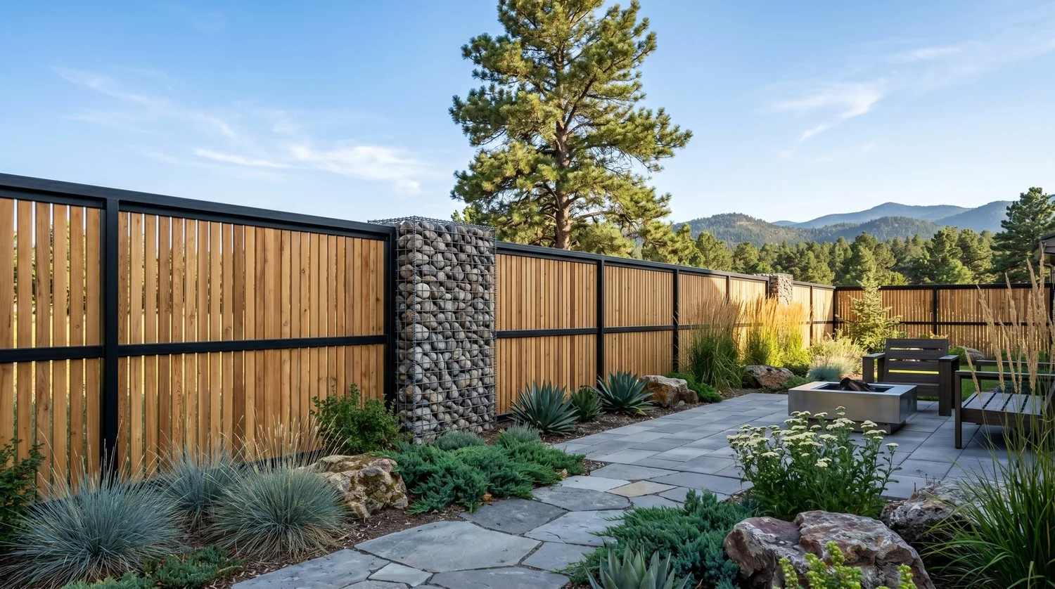 Modern metal-frame and wood-slat fence with gabion stone columns