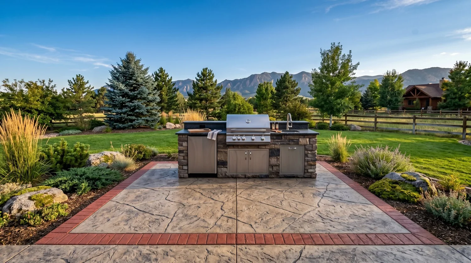 Stamped concrete grill pad with a built-in outdoor kitchen