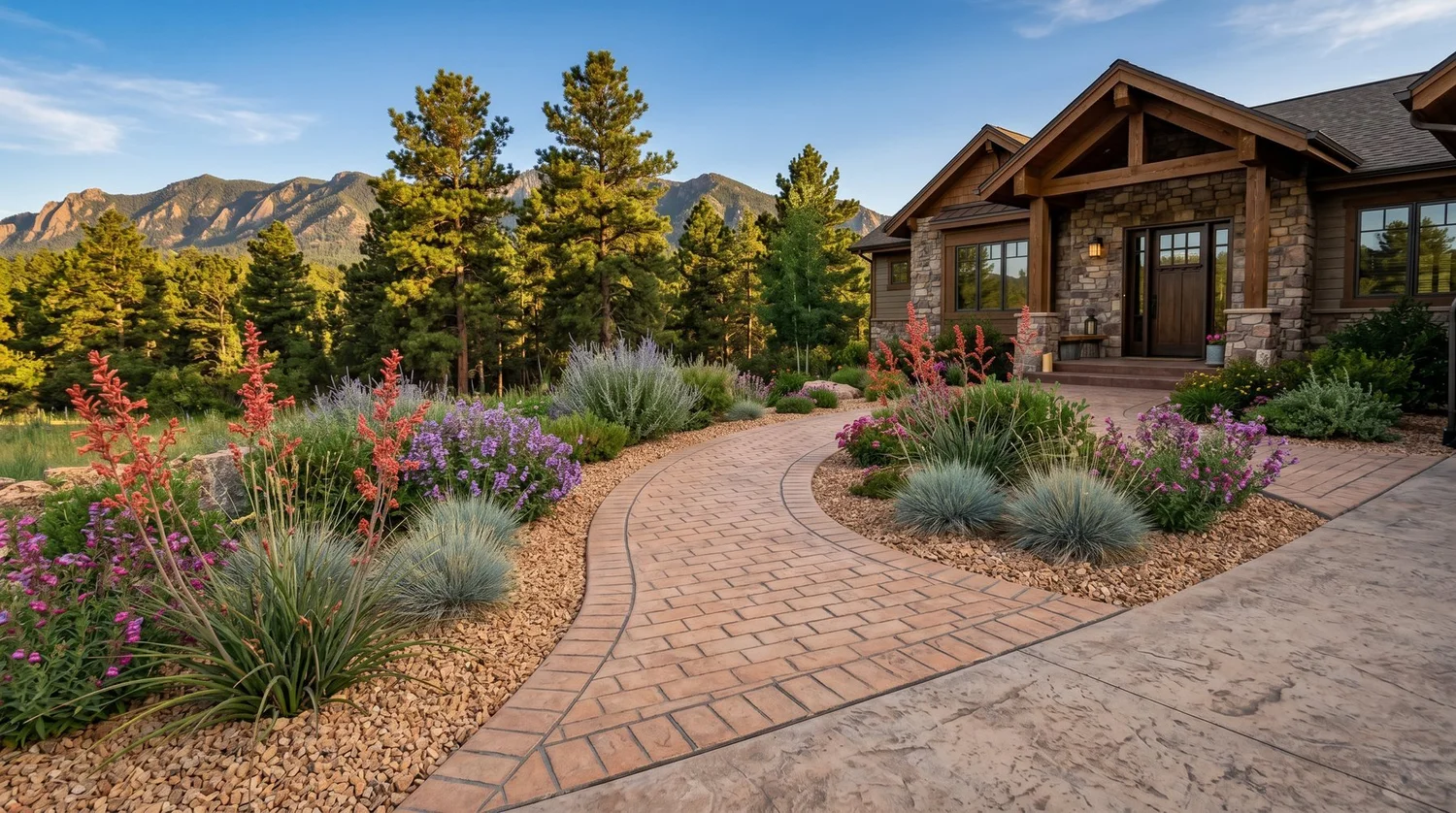 Stamped concrete walkway with a brick-pattern border to a home entry