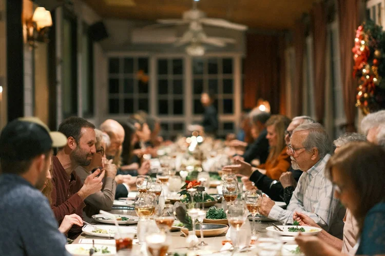 Community dinner at a long table