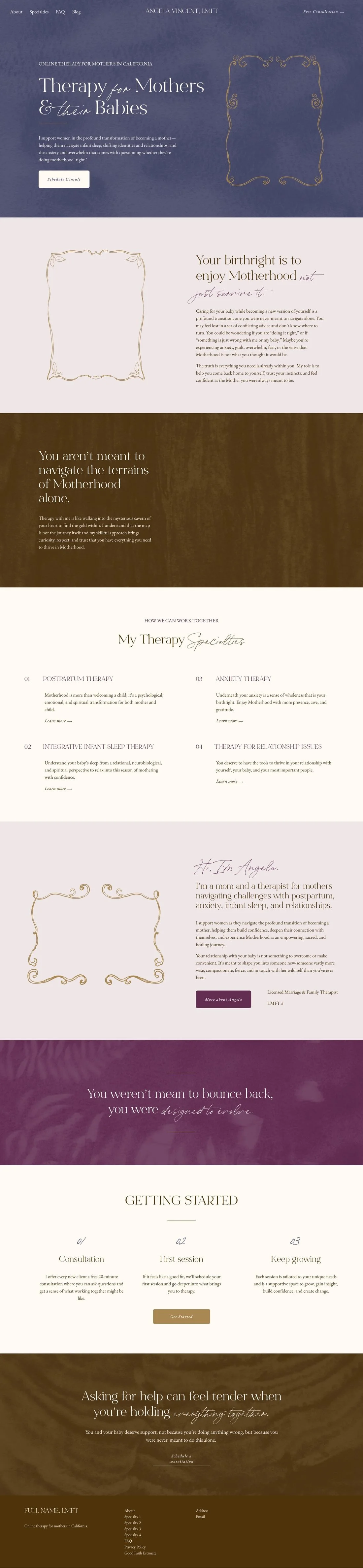Full homepage from a therapist website for new mothers
