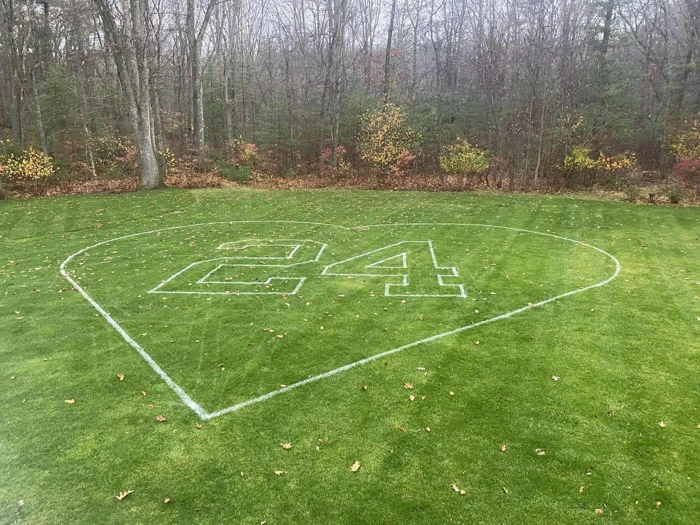 Custom heart-shaped lawn design with number spray painted on grass