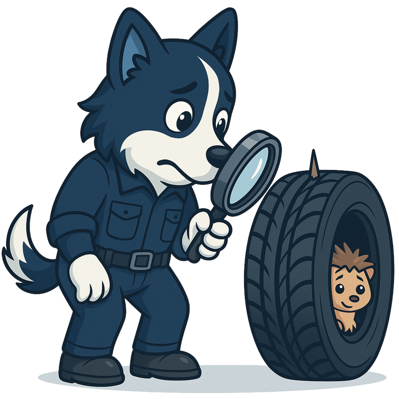 Mackenzie, GripFit's working dog, inspecting a punctured tyre